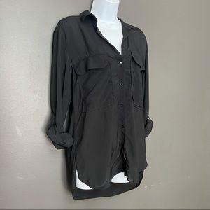 Zara Solid Black Button Down Shirt Front Pockets